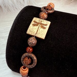 Dragonfly Design Wooden Beaded Bracelet with Brown Accents
